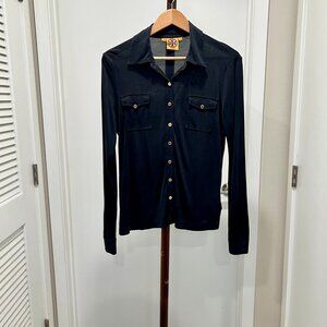 Tory Burch - Long Sleeve Knit Jersey Button Down Shirt Size Medium - Navy